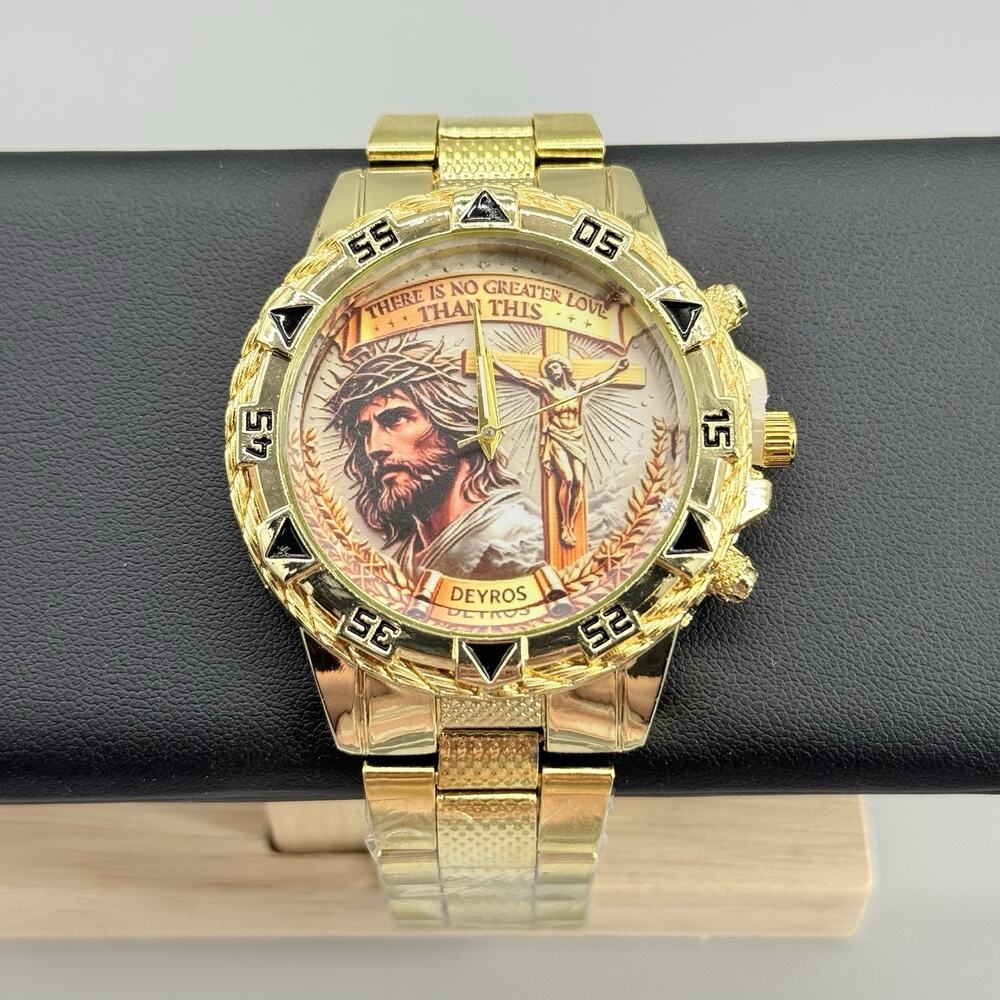 DEYROS Men's Gold Tone Watch Jesus Christ Religious Christian Quartz Wristwatch